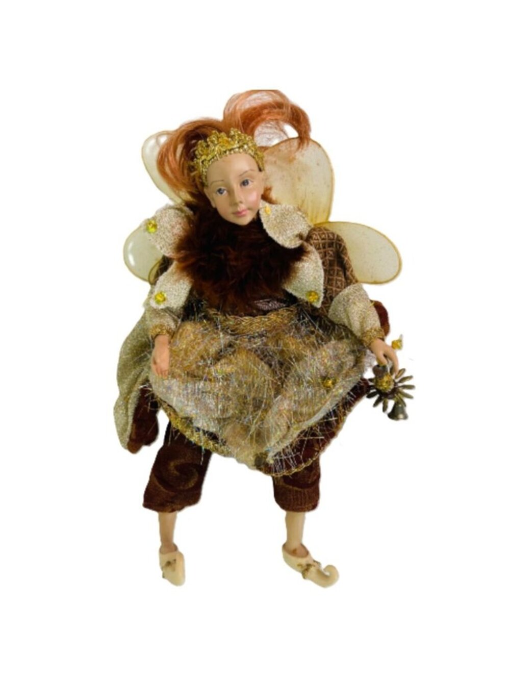 Vintage 13" Woodland Fairy Elf Shelf Sitter Posable Christmas Pixie Brown Gold